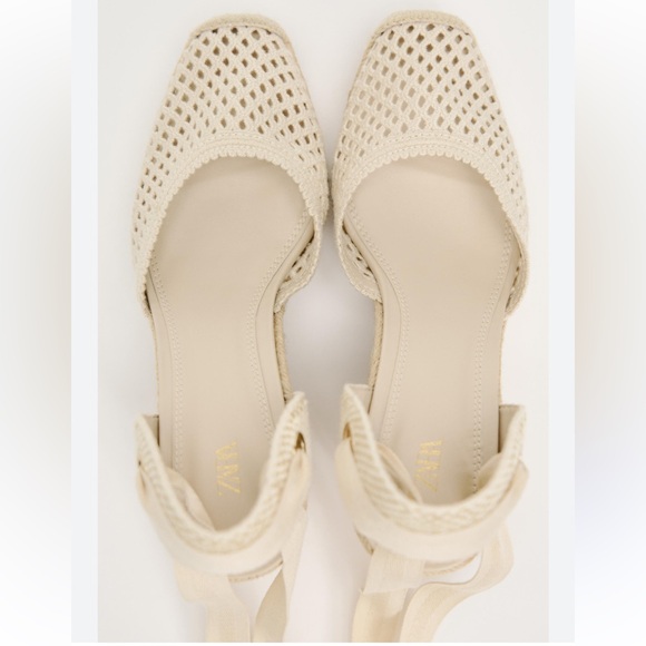 Zara Espadrilles Ankle Tied Crochet Wedges Off White Cream Beige size 6.5 37 NWT - Picture 6 of 11